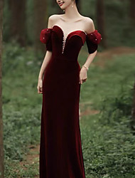 cheap -A-Line Elegant Vintage Wedding Guest Prom Dress Sweetheart Neckline Half Sleeve Floor Length Velvet with Beading Pure Color 2022 / Puff Balloon Sleeve