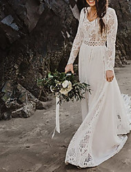 cheap -A-Line Wedding Dresses V Neck Court Train Chiffon Lace Long Sleeve Beach Boho Sexy See-Through Backless with Lace Insert 2022