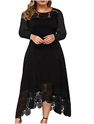 cheap -Women&#039;s Plus Size A Line Dress Solid Color Round Neck Lace Long Sleeve Spring Summer Work Basic Vintage Prom Dress Knee Length Dress Party Holiday Dress / Party Dress
