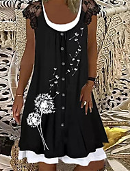 cheap -Women&#039;s A Line Dress Knee Length Dress Black Gray Navy Blue Short Sleeve Floral Lace Fake two piece Spring Summer Round Neck Casual Modern 2022 S M L XL XXL XXXL