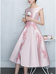 cheap -A-Line Bridesmaid Dress Jewel Neck Sleeveless Elegant Tea Length Satin with Appliques 2022