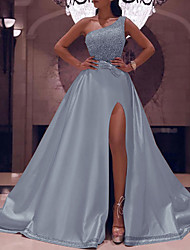 cheap -A-Line Sparkle Elegant Sparkle &amp; Shine Wedding Guest Formal Evening Birthday Dress One Shoulder Sleeveless Floor Length Satin with Bow(s) Sequin Slit 2022