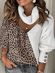 cheap -Women&#039;s Sweater Pullover Jumper Knitted Hole Button Color Block Leopard Stylish Casual Sexy Long Sleeve Loose Sweater Cardigans V Neck Fall Winter Blue Wine Black / Going out / Print