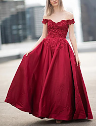 cheap -A-Line Maxi Elegant Wedding Guest Formal Evening Dress Off Shoulder Short Sleeve Floor Length Satin with Appliques Pure Color 2022