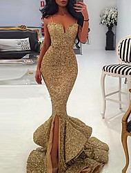 cheap -Mermaid / Trumpet Sexy bodycon Wedding Guest Formal Evening Dress Sweetheart Neckline Sleeveless Court Train Sequined with Ruffles Slit 2022