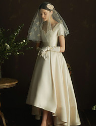 cheap -A-Line Wedding Dresses Scoop Neck Asymmetrical Tea Length Satin Short Sleeve Vintage Little White Dress 1950s with Beading 2022