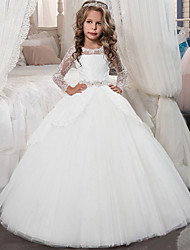 cheap -Princess Floor Length Flower Girl Dresses First Communion Chiffon Long Sleeve Jewel Neck with Lace 2022