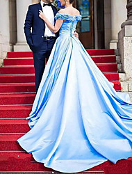 cheap -A-Line Celebrity Style Elegant Prom Formal Evening Dress V Neck Sleeveless Chapel Train Satin with Pleats Ruffles 2022