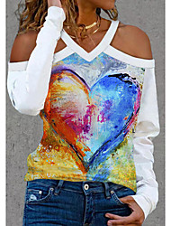 cheap -Women&#039;s Valentine&#039;s Day Geometric Couple T shirt Heart Cut Out Print V Neck Basic Tops Black Rainbow Yellow / 3D Print