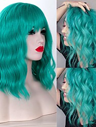 cheap -Wavy Bob Wig with Air Bangs for Women Mixed Green Synthetic Short Bob Cosplay Wig 14 inch Shoulder Length Colorful Curly Wave Bob Wigs for Women Turquoise Color Heat Resistant Fiber Hair Full Wig