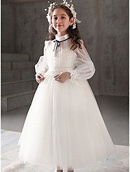 cheap -Princess Ankle Length Flower Girl Dresses Party POLY Long Sleeve High Neck with Ruffles 2022