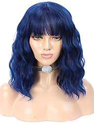 cheap -Blue Wigs for Women Blue Navy Blue Wig Ladies Natural Curly Hair Short Wave Wig With Air Bangs Heat-resistant Synthetic Party Cosplay Big 14inch(about 35cm)