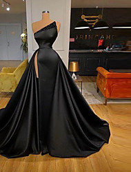 cheap -A-Line Glittering Sexy Wedding Guest Formal Evening Dress One Shoulder Sleeveless Court Train Satin with Sequin 2022