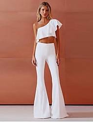 cheap -Women&#039;s Sexy Solid Color Vacation Club Two Piece Set One Shoulder Crop Top Pants Sets Jogger Pants Ruffle Tops / Slim