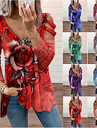 cheap -Women&#039;s V-Neck Zipper Hollow Long-Sleeved Flower Print Loose Top T-shirt Women Spring Summer Daily Valentine&#039;s Gift