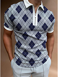 cheap -Men&#039;s Golf Shirt 3D Print Argyle Turndown Casual Daily Zipper Print Short Sleeve Tops Casual Fashion Comfortable Sports Gray