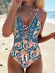 cheap -Women&#039;s Swimwear One Piece Monokini Bathing Suits Normal Swimsuit Tummy Control Lace up Open Back Printing Floral Blue Padded V Wire Bathing Suits Sexy Vacation Fashion / Strap / New / Padded Bras