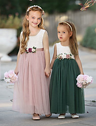 cheap -A-Line Ankle Length Flower Girl Dresses Party Lace Sleeveless Jewel Neck with Sash / Ribbon 2022