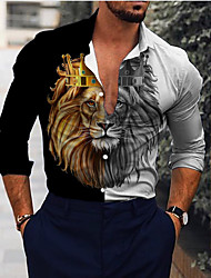 cheap -Men&#039;s Shirt 3D Print Lion Animal Turndown Daily Holiday 3D Print Button-Down Long Sleeve Tops Casual Fashion Breathable Black