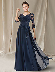 cheap -A-Line Mother of the Bride Dress Elegant V Neck Floor Length Chiffon Lace Sequined Half Sleeve with Sequin Appliques 2022