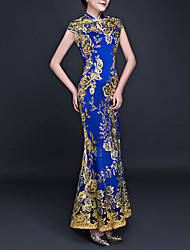 cheap -Sheath / Column Chinese Style Vintage Wedding Guest Formal Evening Dress High Neck Short Sleeve Ankle Length Charmeuse with Sequin Embroidery 2022