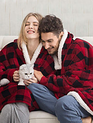 cheap -Women&#039;s Couple&#039;s Pajamas Nightgown Hoddie Blanket 1 pc Grid / Plaid Pure Color Plush Simple Comfort Home Party Bed Fleece Warm Gift Hoodie Long Sleeve Patchwork Pocket Fall Winter Black Gray