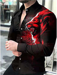 cheap -Men&#039;s Shirt 3D Print Lion Animal Turndown Daily Holiday 3D Print Button-Down Long Sleeve Tops Casual Fashion Breathable Red
