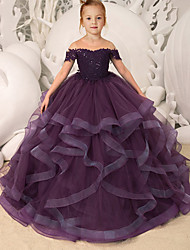 cheap -Princess Sweep / Brush Train Flower Girl Dresses Party Tulle Raglansleeve Jewel Neck with Cascading Ruffles 2022