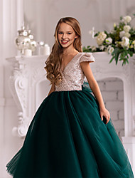 cheap -Princess Ankle Length Flower Girl Dresses Party Tulle Short Sleeve V Neck with Ruching 2022