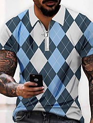 cheap -Men&#039;s Golf Shirt 3D Print Argyle Turndown Casual Daily Zipper Print Short Sleeve Tops Casual Fashion Comfortable Sports Blue