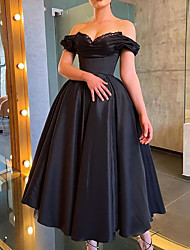 cheap -Ball Gown Vintage Princess Wedding Guest Prom Dress Off Shoulder Short Sleeve Ankle Length Satin with Lace Insert Pure Color 2022