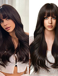 cheap -Long Wigs for Women with Air Bangs Long Natural Black Dark Brown Wavy Hair Wigs for Girl Brown Wig with Heat Resistant Fiber Synthetic Wig for Daily Party (Dark Ashy Brown, 24inch)