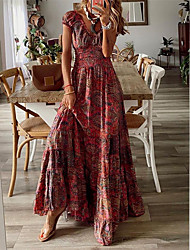 cheap -Women&#039;s A Line Dress Maxi long Dress Wine Short Sleeve Floral Print Spring Summer V Neck Stylish Vacation Vintage 2022 S M L XL XXL 3XL