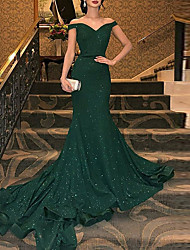 cheap -Mermaid / Trumpet Sparkle Elegant Wedding Guest Formal Evening Dress Off Shoulder Short Sleeve Court Train Sequined with Sequin Pure Color 2022