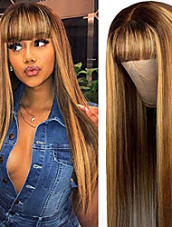 cheap -brown mixed honey blonde long straight natural wig with bangs highlights color for black women synthetic straight hair wig with bangs bangs ( hair)