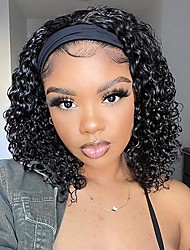 cheap -Black Wigs for Women Deep Wave Headband Bob Wigs for Black Women,12 Inch Synthetic Water Wave Short Black Curly Wigs with Headband（No Colored Headband）