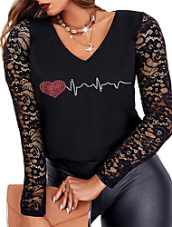 cheap -Women&#039;s Plus Size Tops Blouse Shirt Striped Heart Beaded Embroidered Long Sleeve V Neck Streetwear Valentine&#039;s Day Daily Going out Cotton Spring Summer White Black / Skull / Lace