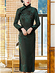 cheap -Sheath / Column Chinese Style Vintage Wedding Guest Formal Evening Dress High Neck Long Sleeve Tea Length Imitation Silk with Slit 2022