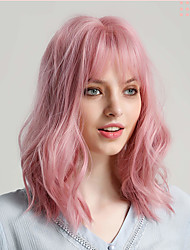 cheap -Rolisy Pastel Pink Wavy Wig with Air Bangs Short Bob Wig 14 inch Soft Hair Curly Super Natural for Women and Girls Fiber Synthetic Wig Cosplay Wig Theme Party Dance