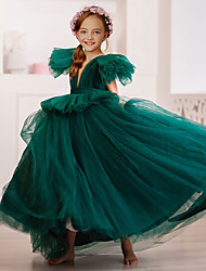 cheap -Princess Ankle Length Flower Girl Dresses Party Tulle Sleeveless V Neck with Cascading Ruffles 2022