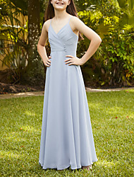 cheap -A-Line Floor Length Junior Bridesmaid Dress Party Chiffon Sleeveless Spaghetti Strap with Buttons 2022