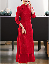 cheap -Sheath / Column Chinese Style Vintage Wedding Guest Formal Evening Dress High Neck 3/4 Length Sleeve Tea Length Chiffon with Sequin Slit 2022