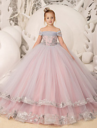 cheap -Princess Sweep / Brush Train Flower Girl Dresses Party Tulle Raglansleeve Off Shoulder with Tier 2022