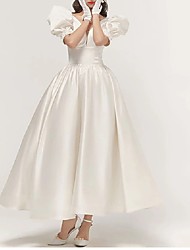 cheap -A-Line Wedding Dresses V Neck Ankle Length Satin Short Sleeve Simple Vintage Little White Dress 1950s with Pleats 2022