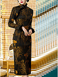 cheap -Sheath / Column Chinese Style Elegant Wedding Guest Formal Evening Dress High Neck Long Sleeve Tea Length Imitation Silk with Slit Embroidery 2022