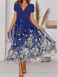 cheap -Women&#039;s A Line Dress Midi Dress Green Blue Short Sleeve Floral Print Spring Summer V Neck Elegant Casual Vintage 2022 S M L XL XXL 3XL