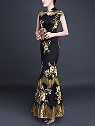 cheap -Mermaid / Trumpet Chinese Style Vintage Prom Formal Evening Dress High Neck Short Sleeve Ankle Length Charmeuse with Sequin Embroidery 2022