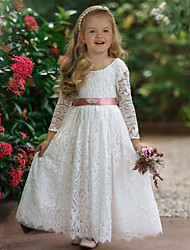 cheap -A-Line Ankle Length Flower Girl Dresses Party Lace Long Sleeve Jewel Neck with Sash / Ribbon 2022