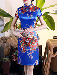 cheap -Women&#039;s Bodycon Knee Length Dress Blue White Black Red Short Sleeve Floral Split Print Spring Summer Stand Collar Elegant Traditional Chinoiserie 2022 S M L XL XXL 3XL 4XL 5XL 6XL