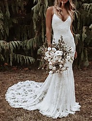 cheap -Mermaid / Trumpet Wedding Dresses V Neck Spaghetti Strap Court Train Lace Sleeveless Beach Sexy Backless with Appliques 2022